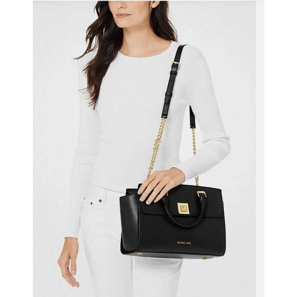 Michael Kors Black Saffiano Leather Satchel Handbag Gold Hardware Tote Handbag - Picture 3 of 3